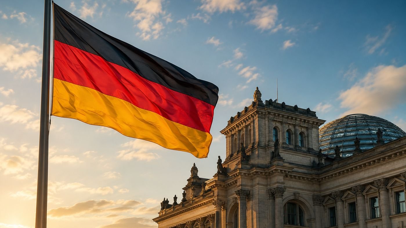 The German flag in front of the Reichstag at sunset